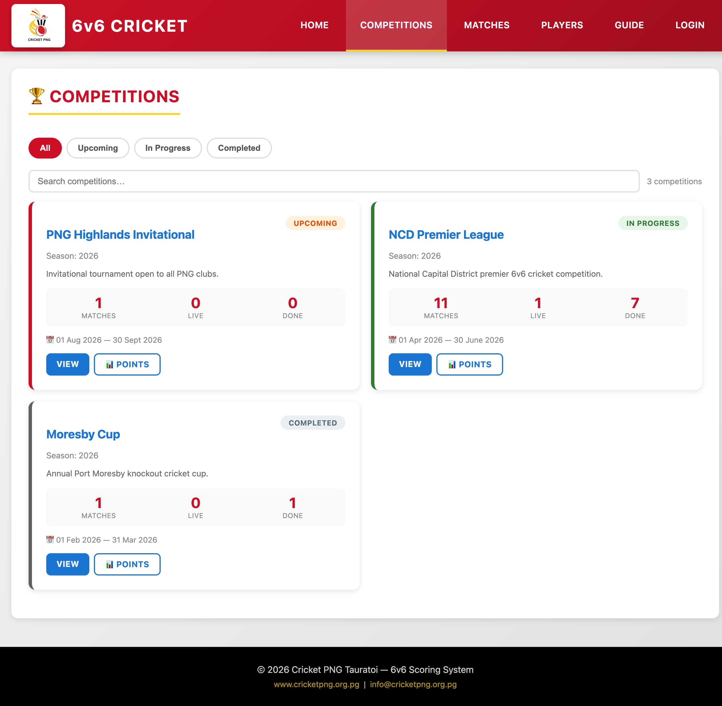 Competitions list page