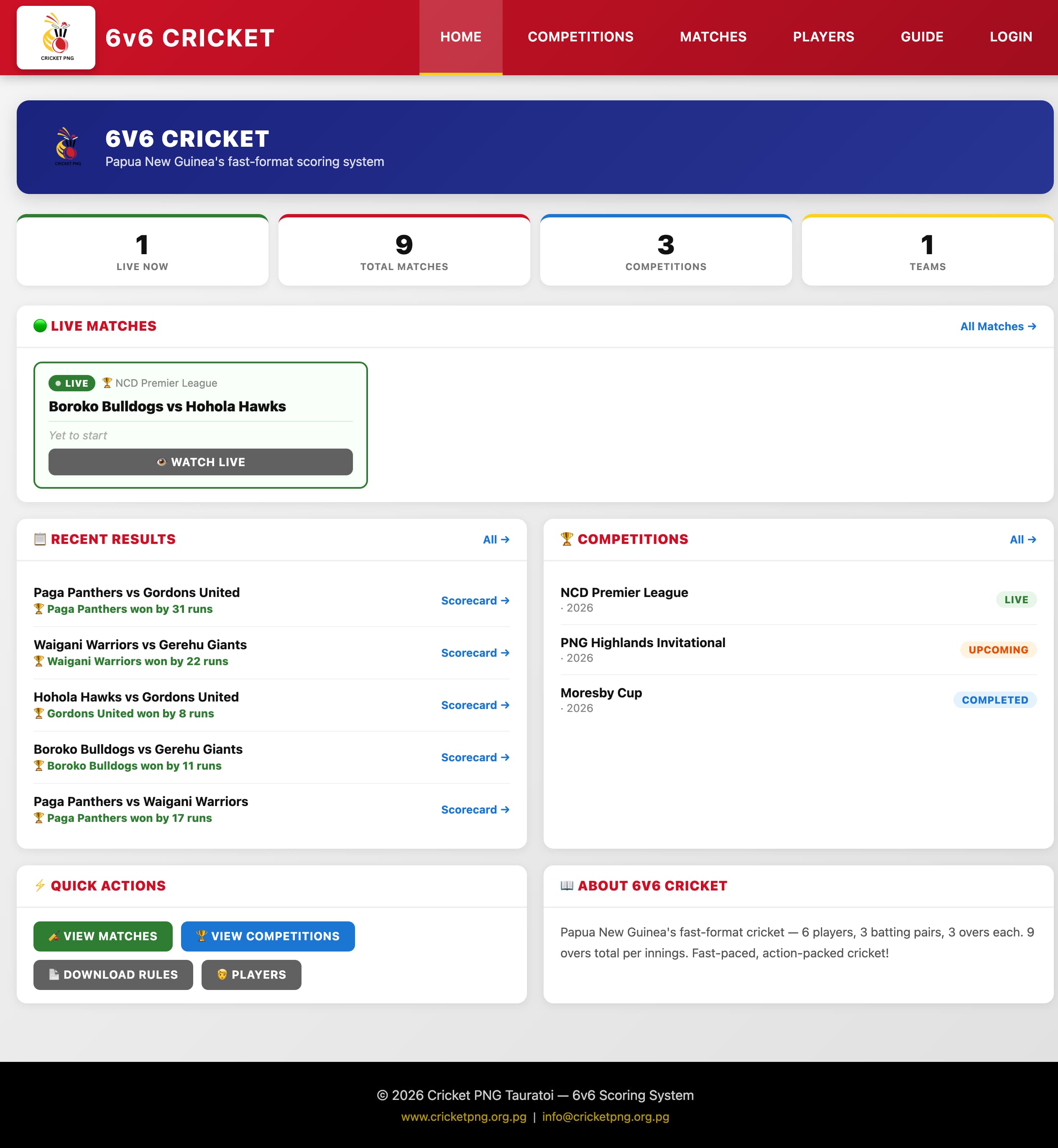 Home page showing recent results and competitions