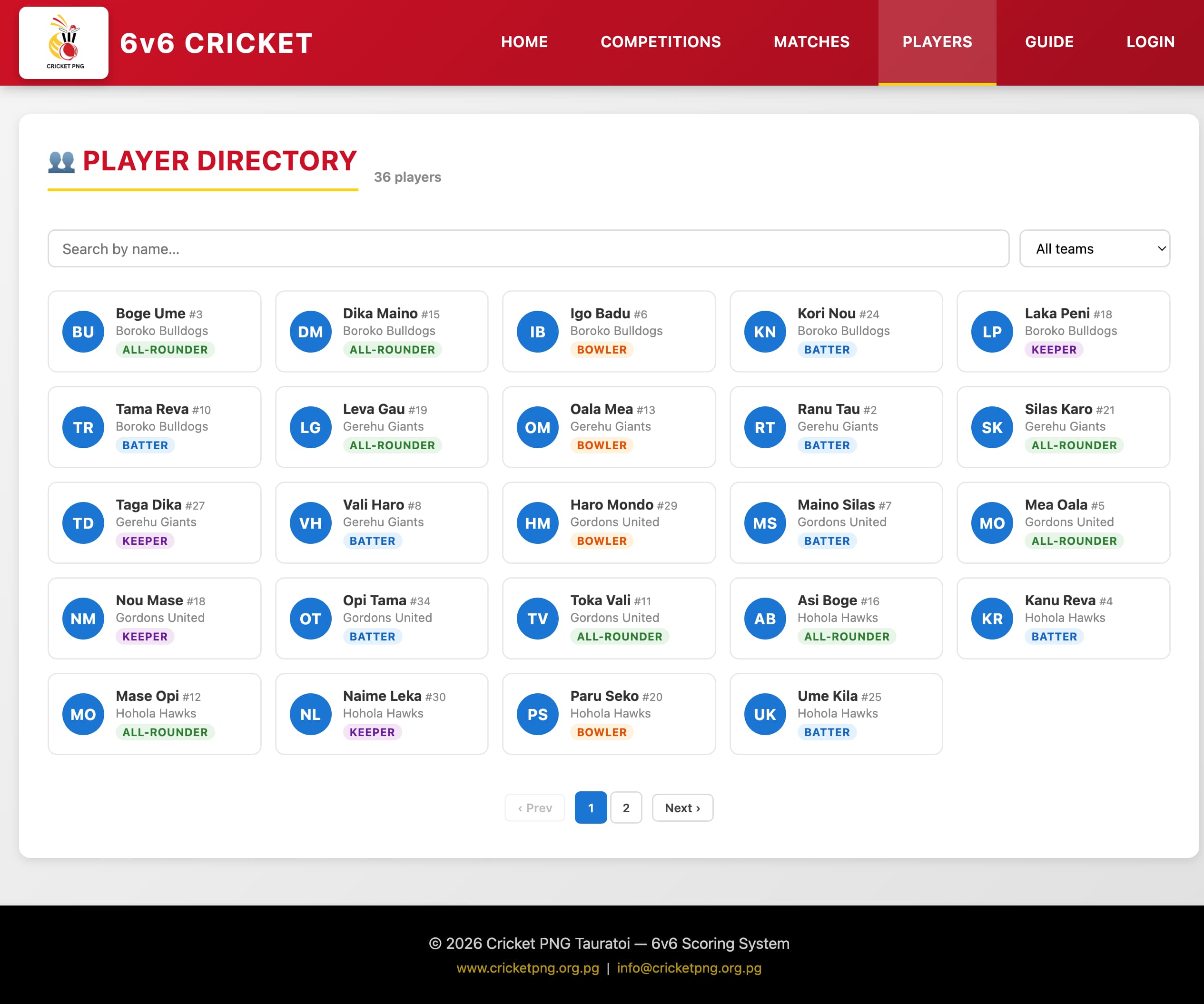 Player directory with search and team filter